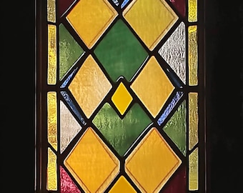 Custom Size Geometric Stained Glass Window Film with Bold Yellow Green Red and Purple Diamonds Non-Adhesive Privacy Film for Glass Doors