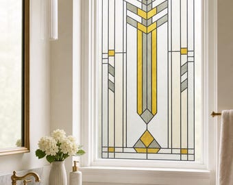 Frosted White and Golden Yellow Art Deco Static Cling Window Film, Custom Size Available