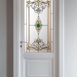 Custom Size Stylish Stained Glass Window Cling Intricate Floral Pattern with Green Accents for Beautiful Home Door Decoration