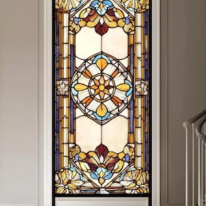 Custom Size Ornate Floral Design Stained Glass Window Cling Non-Adhesive Privacy Film for Home Office Bedroom Kitchen Bathroom Door Glass
