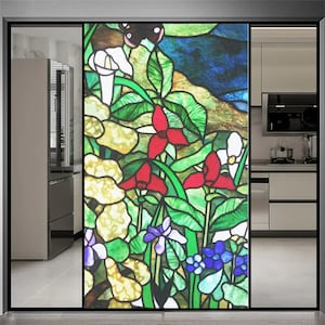 Custom Size Colorful Flower Pattern Privacy Glass Film Anti-UV Glue-Free Static Cling Window Film for Glass Door Decoration Sticker