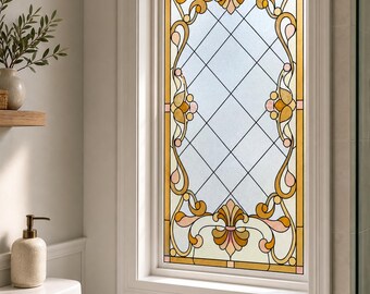 Art Deco Floral Lattice Stained Glass Effect Window Film, Custom Size Static Cling Privacy Decor