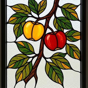 May include: A rectangular stained glass panel featuring a brown branch with one yellow apple and one red apple. The design includes numerous green and yellow leaves with black lead lines, all set against a textured, translucent white glass background.