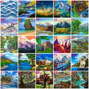 Customized Glass Films Vast Collection of Landscape-Inspired Stained Glass Window Films Featuring Irises Trees Mountains Rivers and Clouds