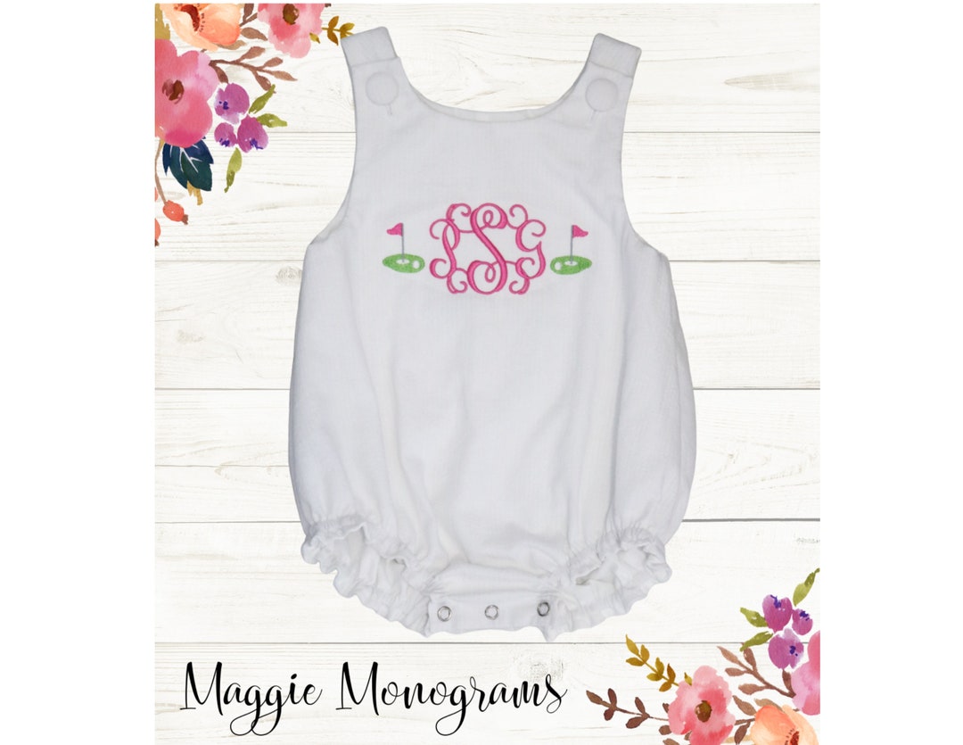 Golf Girls Monogrammed Bubble Romper, Ruffled Bubble Romper, Baby or
