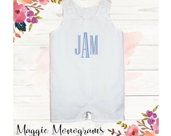 Monogrammed Seersucker Shortall Jon Jon Romper, Made to Order, NB, 3 Months, 6 Months, 9 Months, 12 Months, 18 Months, 24 Months, 2T, 3T, 4T