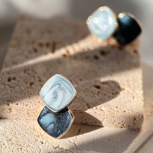 Blue French Style Earrings, Marble Earrings Clip-Ons, OOTD Earrings, Gift For Her, Botanical Earrings