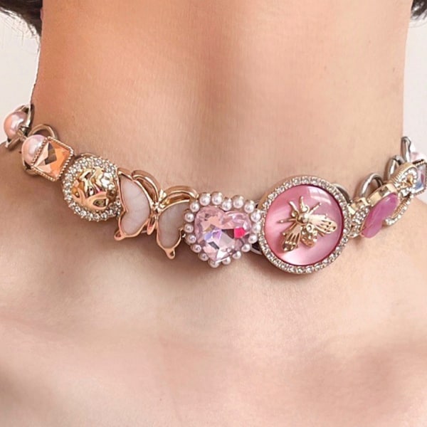Y2K Pink Choker: Handgemachte Herz Schmetterling Silberkette
