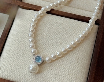 Freshwater Pearl with Sapphire Necklace, Genuine Pearl Bead Necklace, Real Freshwater Pearl Jewelry, Sapphire Necklace
