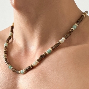 Bohemian Coconut Shell Necklace – Tiger’s Eye & Jade Green Accents, Natural Coconut Shell Jewelry, Unique Handmade Necklace