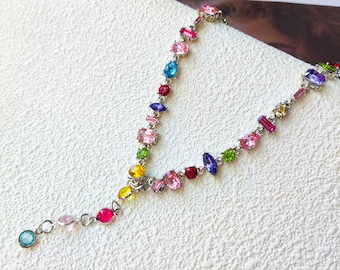 Silver-plated Colorful Crystal Necklace, Silver 925 Necklace, Gemstone Necklace, Y2K Necklace, Gift For Her