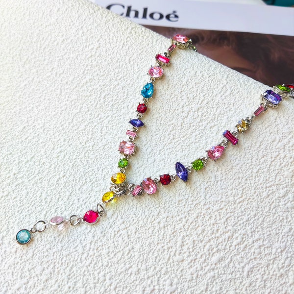 Collier plaqué argent avec cristaux colorés, collier en argent 925, collier de pierres précieuses, collier de l'an 2000, cadeau pour elle