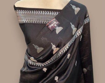 Banarasi Soft Mongo Silk Saree, Tejido Zari de Plata, Sari de Boda India