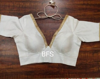 Deep V Neck Saree Blouse: Taffeta Silk Party Wear