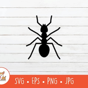 Könnte beinhalten: Eine schwarze Silhouettengrafik einer Ameise mit einem segmentierten Körper, einem ausgeprägten Kopf, einem Thorax und einem Hinterleib mit sechs dünnen Beinen, die nach außen ragen. Das Design ist als flaches, schwarzes Icon dargestellt.