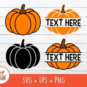 May include: Four pumpkin SVG cut files. Two orange pumpkins with the text "TEXT HERE" and two black pumpkins with the text "TEXT HERE".