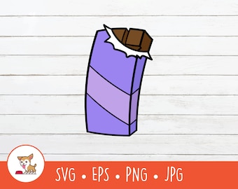 May include: A cartoon illustration of a chocolate bar with a purple wrapper. The chocolate bar is broken in half and the wrapper is partially peeled back.