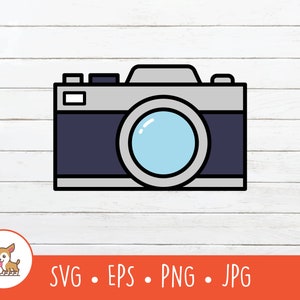 May include: A cartoon illustration of a vintage camera with a black body, silver trim, and a blue lens. The camera is outlined in black.