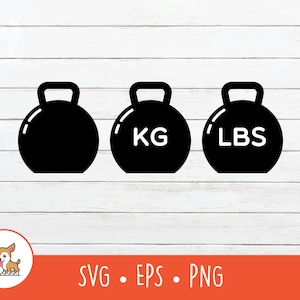 May include: Three black kettlebells with white text. The kettlebells are labelled "KG", "LBS", and blank.