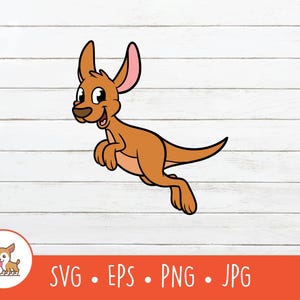May include: A cartoon illustration of a brown kangaroo in mid-jump, with a light brown body, pink ears, and a black tail. The kangaroo is smiling. The image includes the text "SVG • EPS • PNG • JPG" in an orange banner.