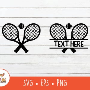 May include: Black tennis rackets and a tennis ball graphic. The rackets are crossed, with one design featuring a space for text. The image includes the text "TEXT HERE" and the file types SVG, EPS, and PNG.