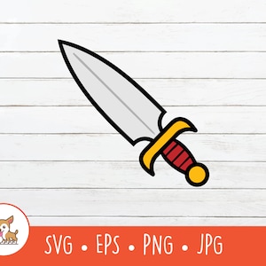 May include: A cartoon illustration of a silver dagger with a red and yellow handle. The dagger is outlined in black.
