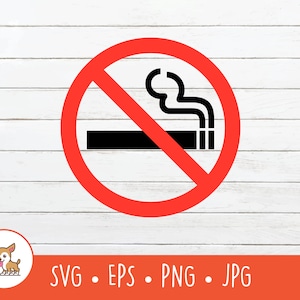 Puede incluir: Un círculo rojo con una línea diagonal que lo atraviesa. Dentro del círculo hay una silueta negra de un cigarrillo con humo saliendo de él. Esta es una señal de prohibido fumar.