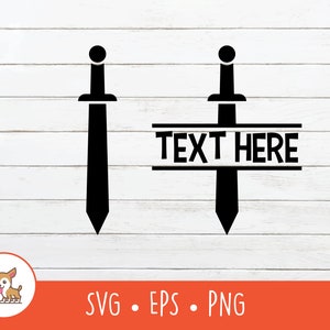 May include: Black sword graphic with a rounded handle and pointed tip. One sword has the text "TEXT HERE" in a horizontal rectangle. The image also includes the text "SVG • EPS • PNG" and a cartoon dog.