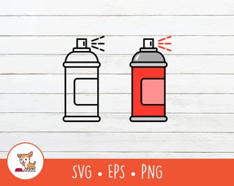 May include: Two spray paint can illustrations. One is a black outline, the other is red with a grey top. Both have a rectangular label and spray effect. The image also includes the text "SVG • EPS • PNG".
