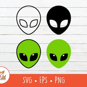 May include: Four different alien head silhouettes. The first is a black alien head, the second is a white alien head, the third is a green alien head, and the fourth is a green alien head with a black outline.