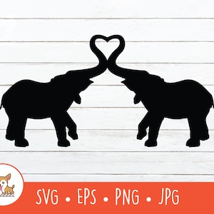 May include: A black silhouette of two elephants with their trunks intertwined to form a heart shape. The background is a white wood-grain pattern. The image includes the text "SVG • EPS • PNG • JPG" at the bottom.
