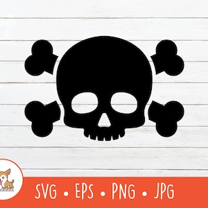 Puede incluir: Diseño de calavera y huesos cruzados en blanco y negro. La calavera tiene dos cuencas de los ojos y una nariz. Los huesos cruzados son simples y simétricos.