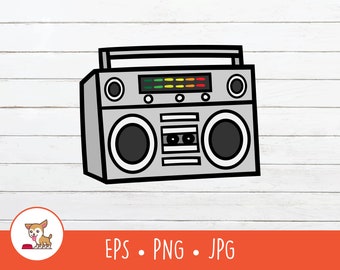 May include: A silver and black boombox with a cassette player and a radio tuner. The boombox has a black handle and a black outline.