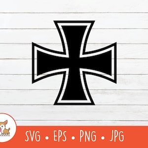 Könnte beinhalten: Ein schwarzes Eisernes Kreuz Grafikdesign mit weißer Umrandung. Das Bild zeigt eine zentrale Kreuzform mit ausgestellten Armen, dargestellt als digitales Dateiformat inklusive SVG, EPS, PNG und JPG, wie durch den Text unten angegeben.