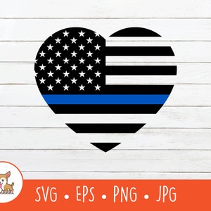 Thin Blue Line SVG, Blue Line American Flag Clipart, Police Heart Cut File, PNG, EPS, Instant Digital Download