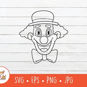 Contorno de payaso SVG, Clipart de payaso de dibujos animados, Archivo de corte de payaso vectorial para Cricut, PNG, EPS, Descarga digital instantánea