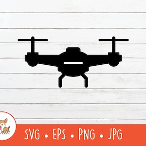 Può includere: Silhouette nera di un drone con quattro eliche. L'immagine include il testo "SVG • EPS • PNG • JPG" in un banner arancione in basso, insieme a un'icona di cane dei cartoni animati.