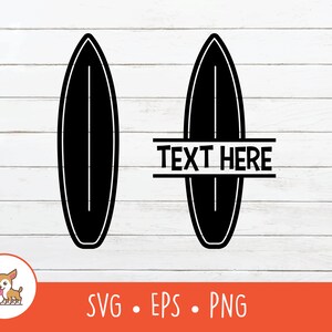 May include: Two black silhouette surfboards with a line down the center. The surfboards are separated by a white rectangle with the text "TEXT HERE" in black.