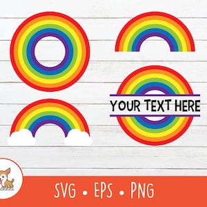 May include: Four rainbow designs, including a circle with the text "YOUR TEXT HERE" in the center, a rainbow arch, a rainbow arch with clouds, and a solid rainbow circle.