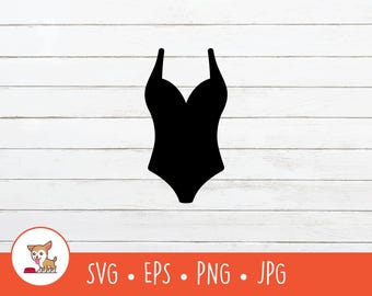 May include: A black one-piece swimsuit silhouette. The swimsuit has a sweetheart neckline and thin straps. The image is a digital graphic, with the words "SVG • EPS • PNG • JPG" in white text on an orange banner.