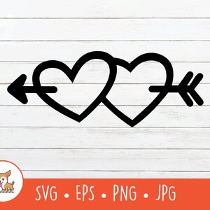May include: Black and white illustration of two hearts pierced by an arrow. The arrow points to the right. The hearts are intertwined.