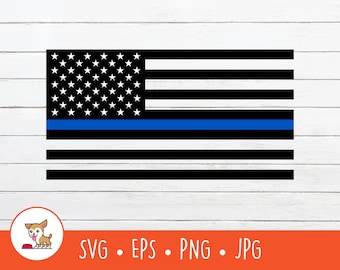 警察旗SVG、細い青い線のアメリカ国旗クリップアート、警察旗カットファイル、PNG、EPS、インスタントデジタルダウンロード