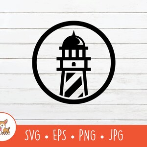 May include: Black and white silhouette of a lighthouse in a circle. The lighthouse has a striped pattern and a domed roof.
