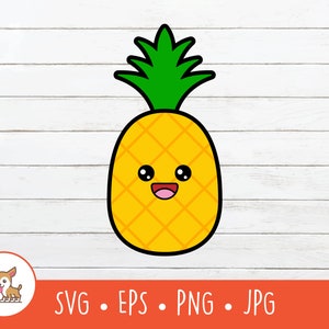 May include: A cartoon pineapple with a happy face and a yellow and green color scheme. The pineapple is on a white wood background.