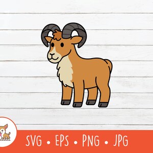 Può includere: Illustrazione di un cartone animato di un ariete con pelliccia marrone, zoccoli neri e grandi corna ricurve. L'ariete ha una macchia di pelliccia bianca e soffice sul petto. Il testo "SVG • EPS • PNG • JPG" è incluso.
