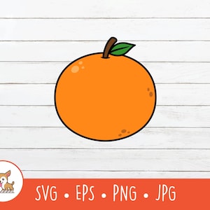 Puede incluir: Ilustración de dibujos animados de una naranja madura con una hoja verde y un tallo marrón. La naranja es de color naranja vibrante con un contorno negro. La imagen también incluye el texto "SVG • EPS • PNG • JPG".