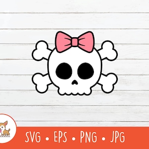 Puede incluir: Una calavera blanca con cuencas de ojos negras y un lazo rosa. La calavera tiene dos huesos cruzados y es un diseño gráfico. La imagen incluye el texto "SVG • EPS • PNG • JPG".