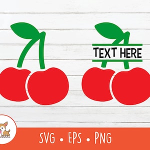 May include: Two red cherries with green stems and leaves. The cherries are side by side and the stems are crossed. The text "TEXT HERE" is in a black rectangle above the cherries.