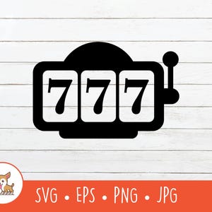 May include: Black slot machine graphic with three sevens displayed on a white background. The image includes the text "SVG • EPS • PNG • JPG" in an orange bar at the bottom, along with a cartoon dog.