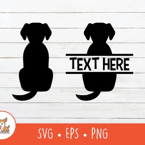Puede incluir: Una silueta negra de un perro sentado con la cola enroscada. El perro está delante de una pancarta con el texto "TEXT HERE" en blanco.